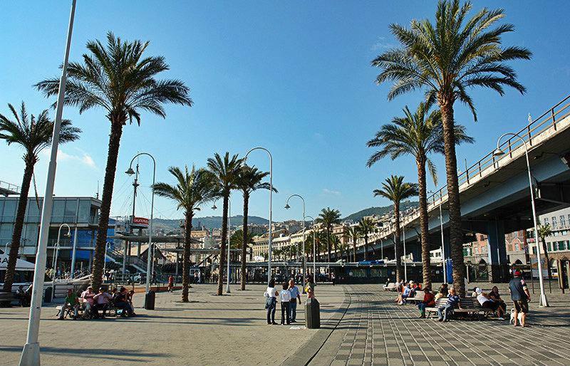 Eine Strasse mit Palmen in Genua